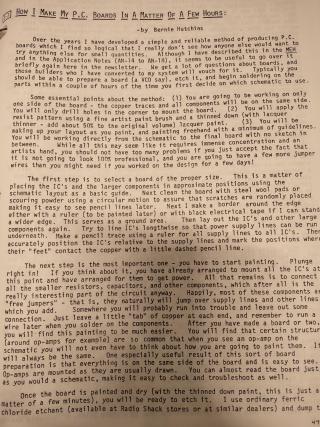typewritten text of an article labelled "How I make my P.C. boards in a matter of a few hours"