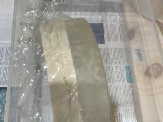 My poured dental stone tool, next to the mirror that gave it its shape! A layer of plastic wrap separates them.